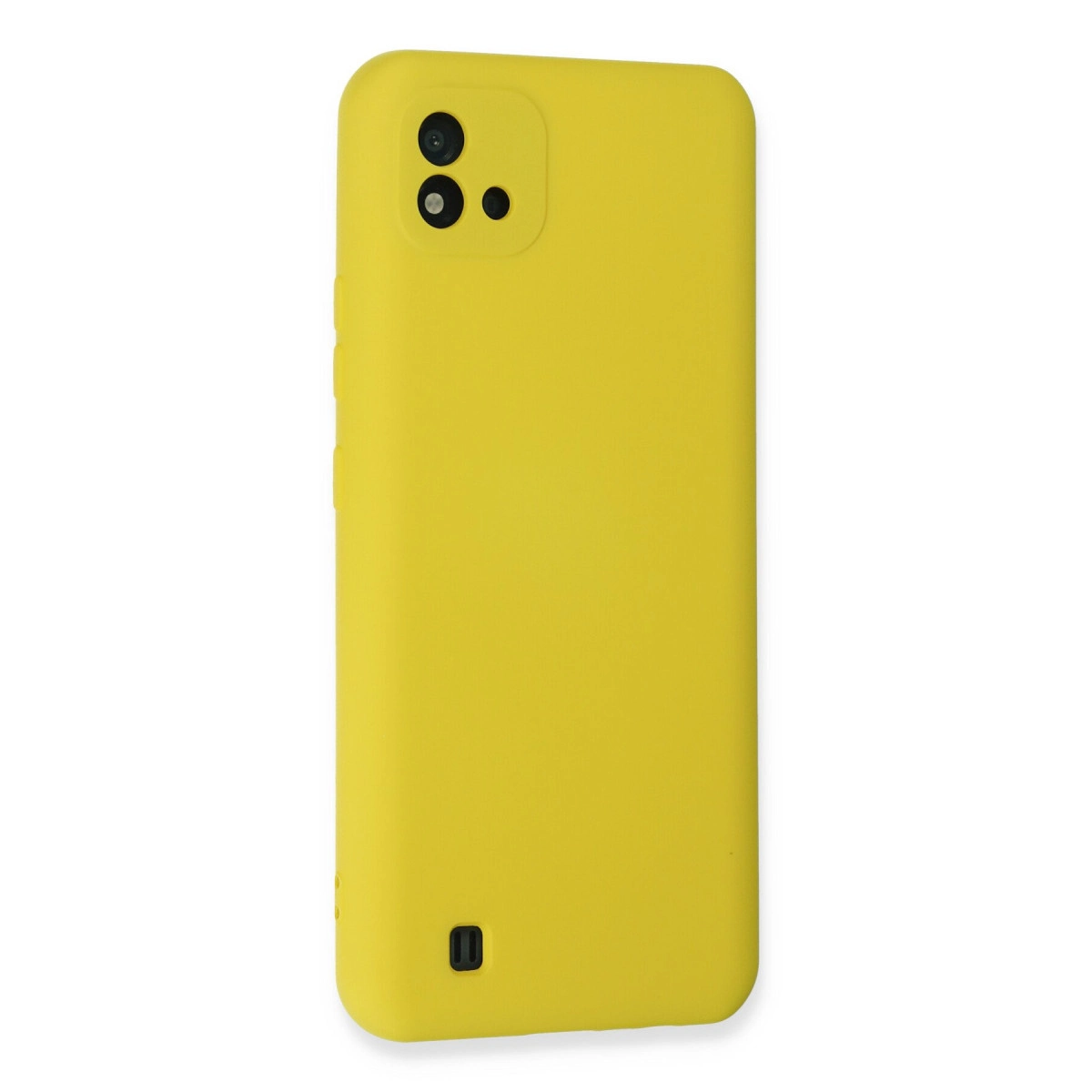 Kamera modülü ve şarj portlu sarı telefon kılıfı.