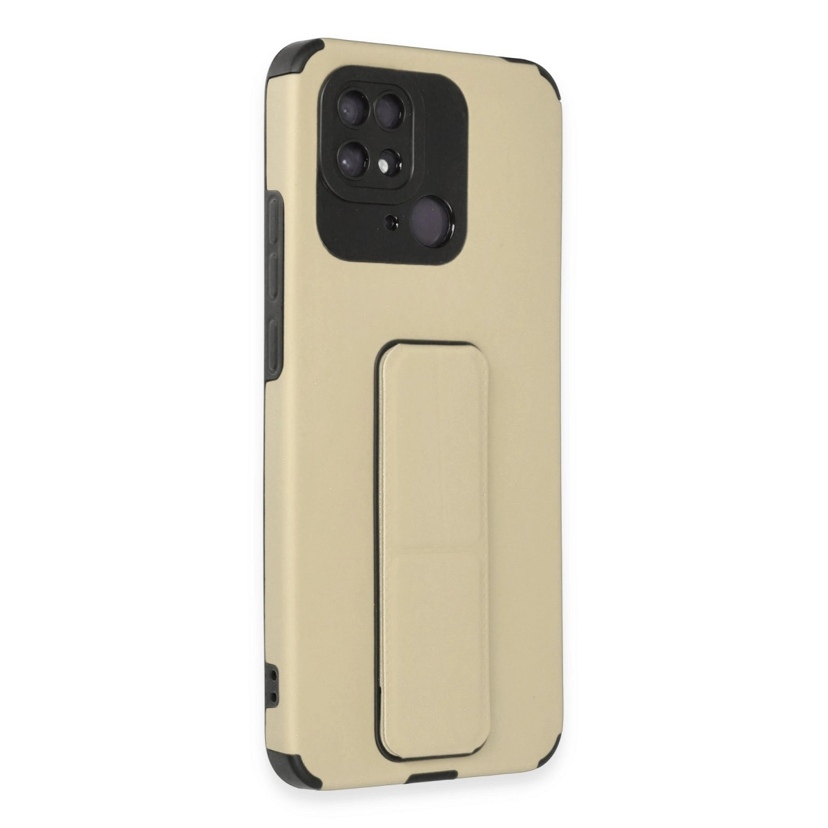 Entegre stantlı, siyah kamera modülüne sahip bej renkli telefon kılıfı.