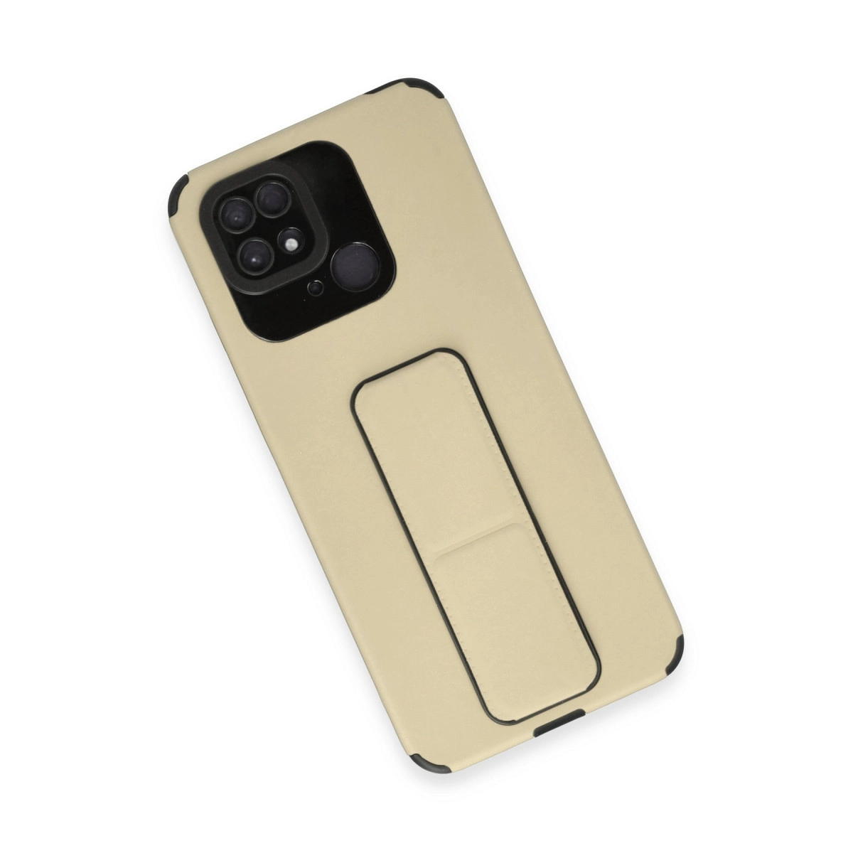 Entegre stantlı, siyah kamera modüllü bej telefon kılıfı.