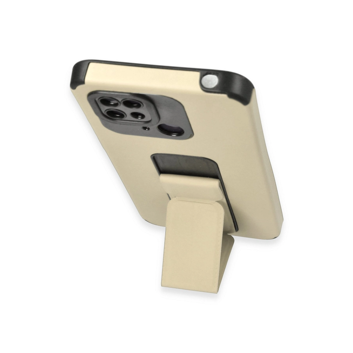 Entegre stantlı bej telefon kılıfı. Siyah kamera modülü.