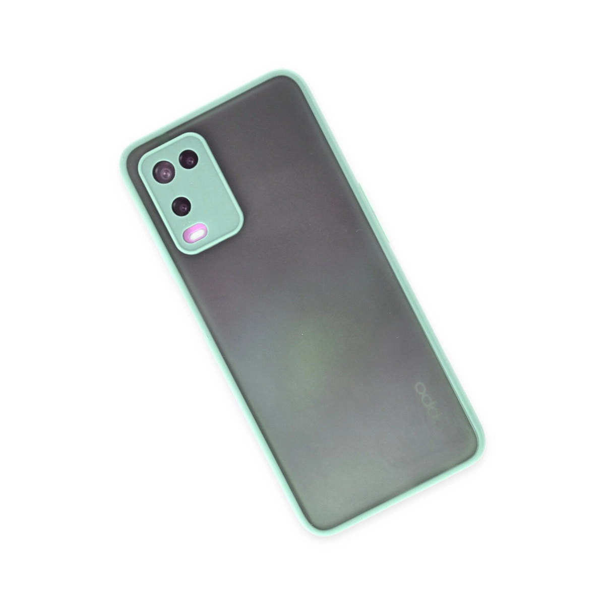 Mint yeşili çerçeveli ve kamera adalı koyu gri telefon.