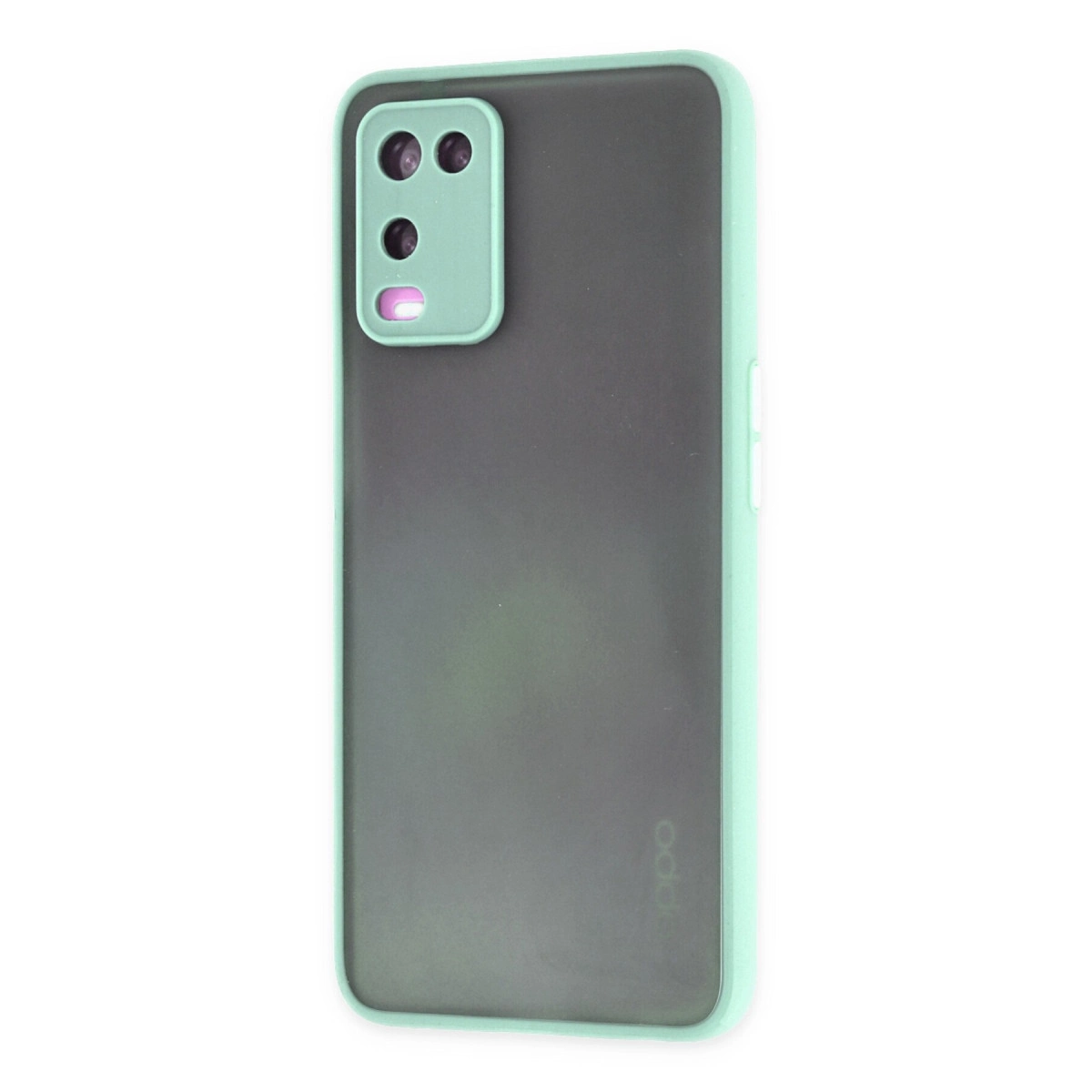 Mint yeşili çerçeveli ve kamera kesimli koyu gri telefon kılıfı.