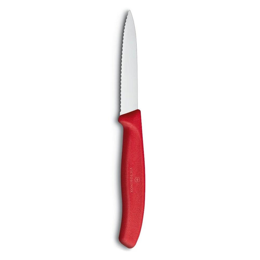 Dişli bıçaklı kırmızı bir Victorinox bıçağı.