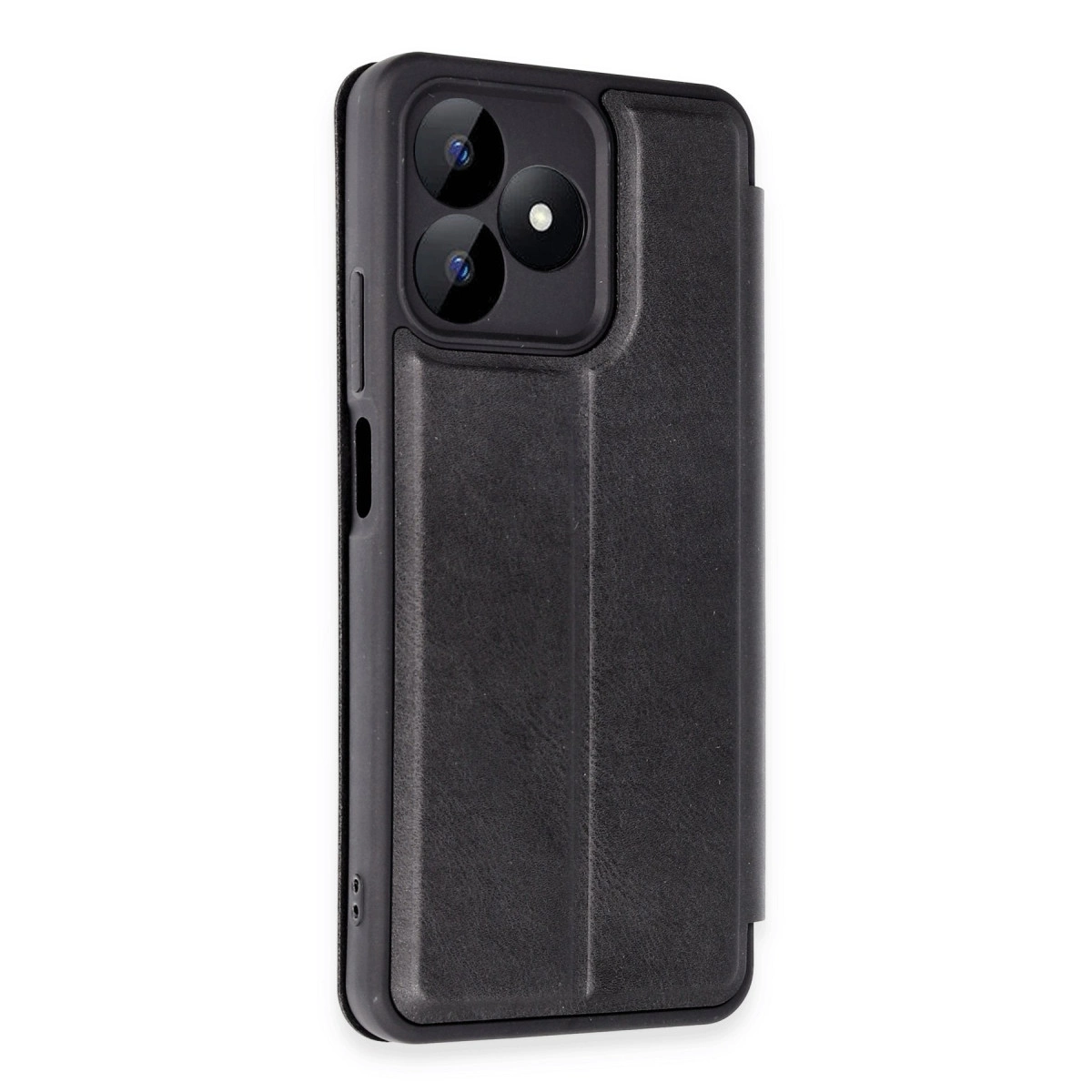 Üçlü kamera açıklığı ve kapaklı kapanışı olan siyah telefon kılıfı.