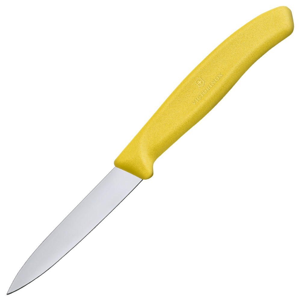 Gümüş bıçaklı ve VICTORINOX logolu sarı mutfak bıçağı.