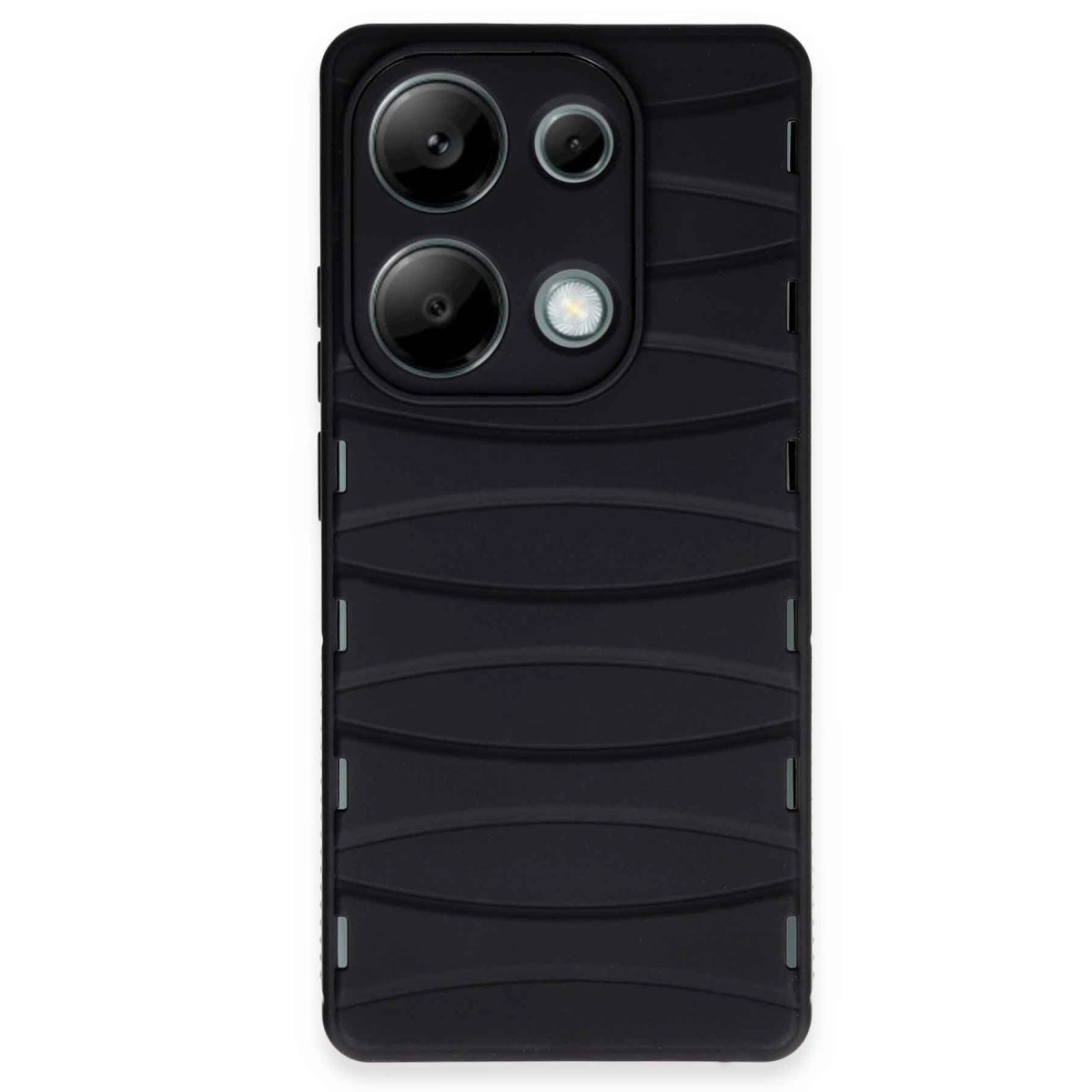 Dalga desenli, dört kamera lensli siyah telefon kılıfı. Gri detaylar.