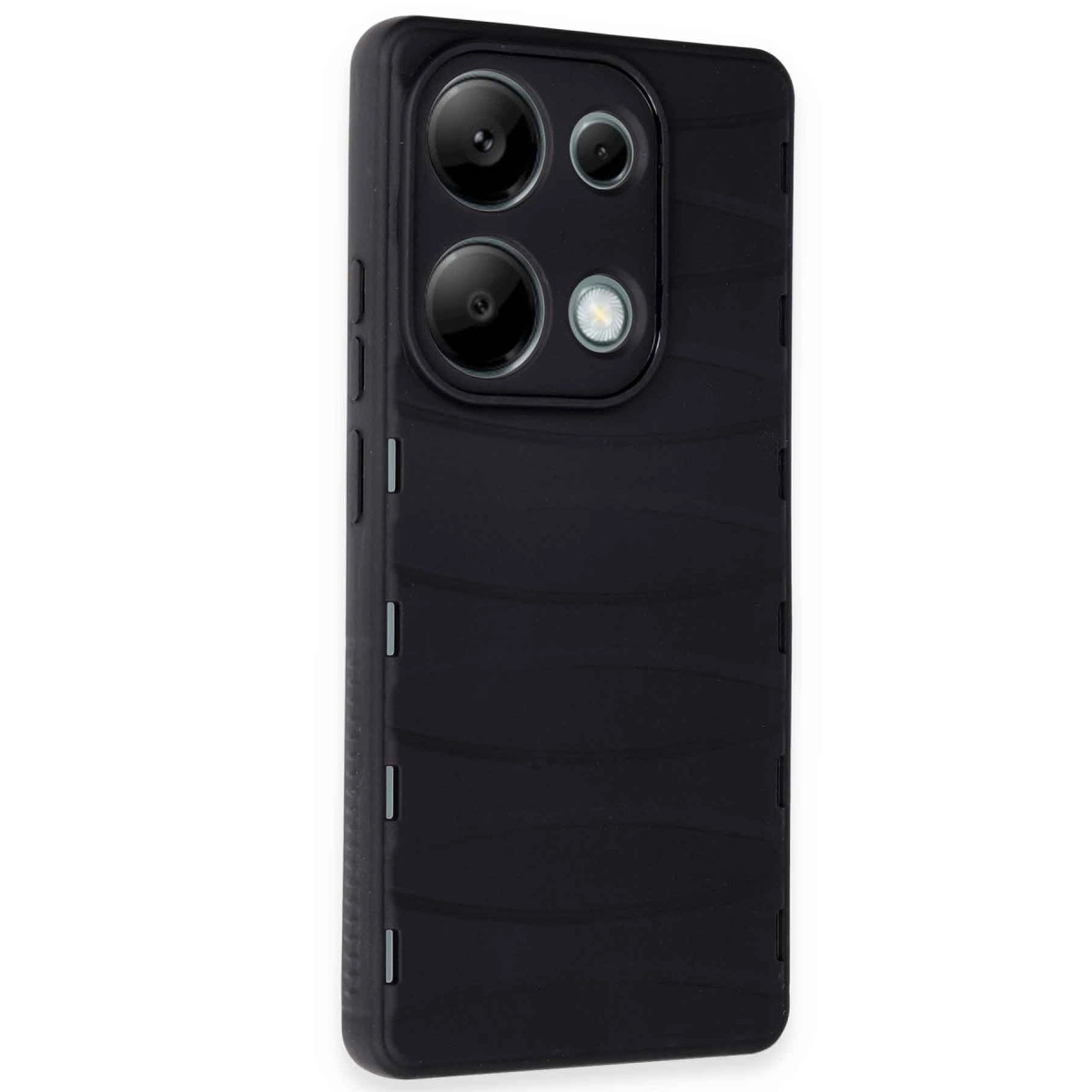 Arkada dört kamera lensi ve flaşa sahip siyah telefon kılıfı.