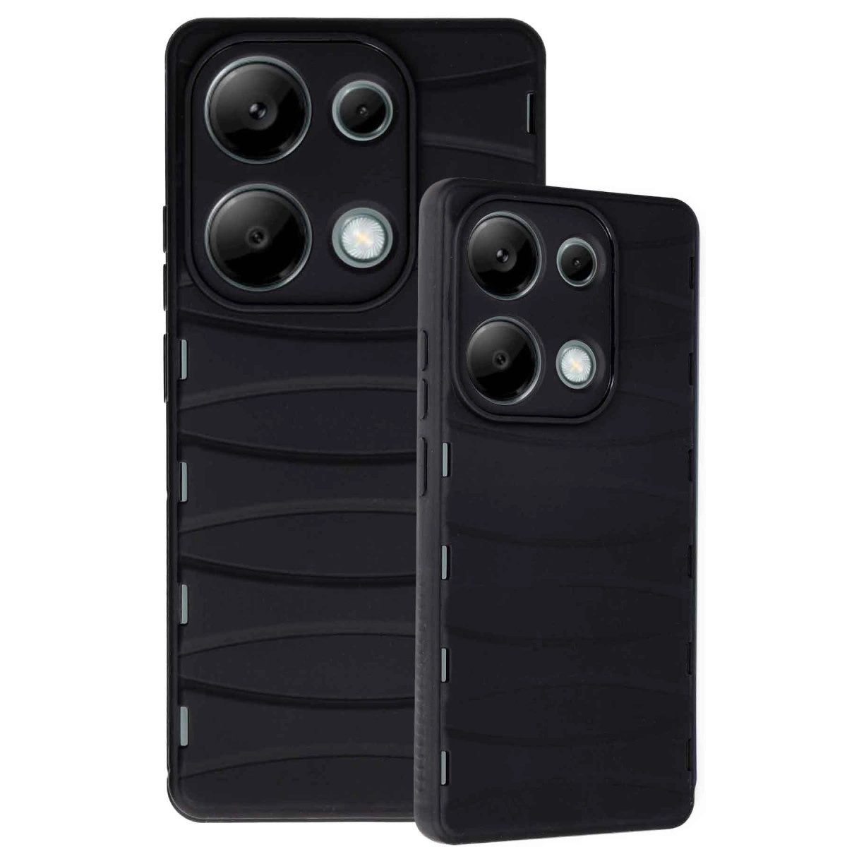 Dalgalı dokulu ve kamera çıkıntılı iki siyah telefon kılıfı.