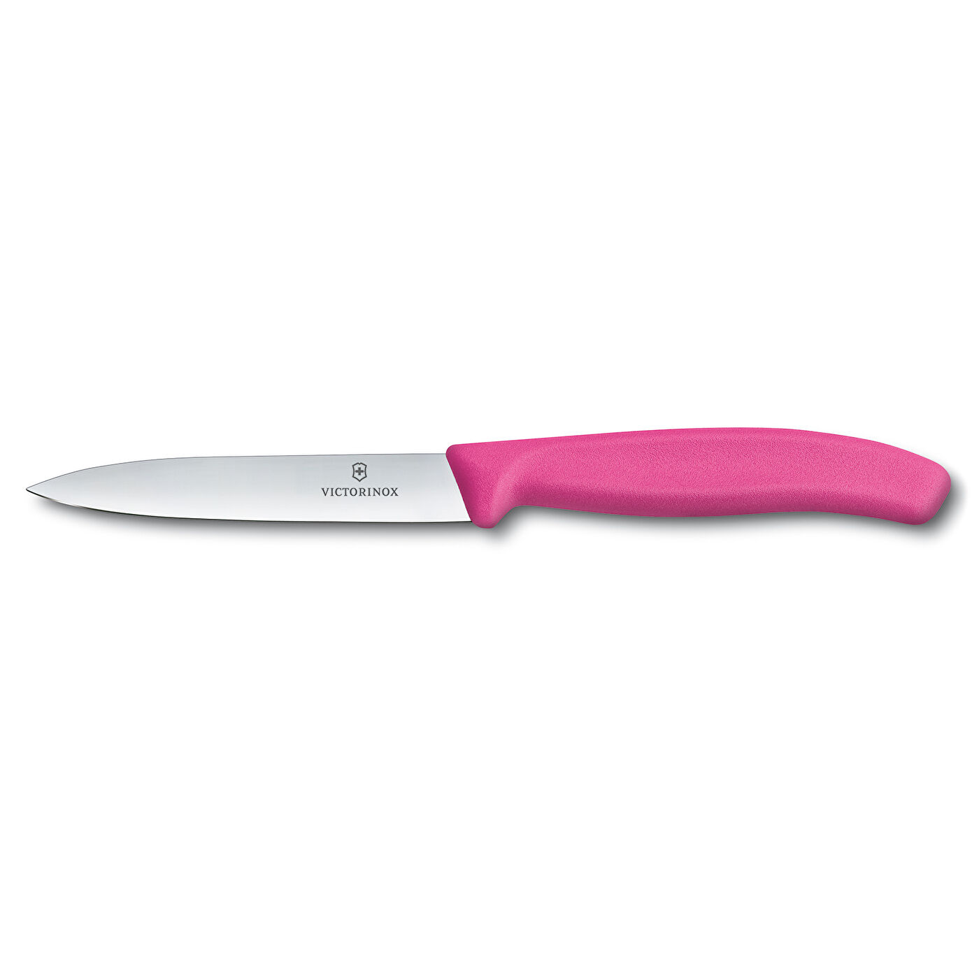 Gümüş bıçaklı pembe Victorinox bıçağı beyaz zeminde duruyor.