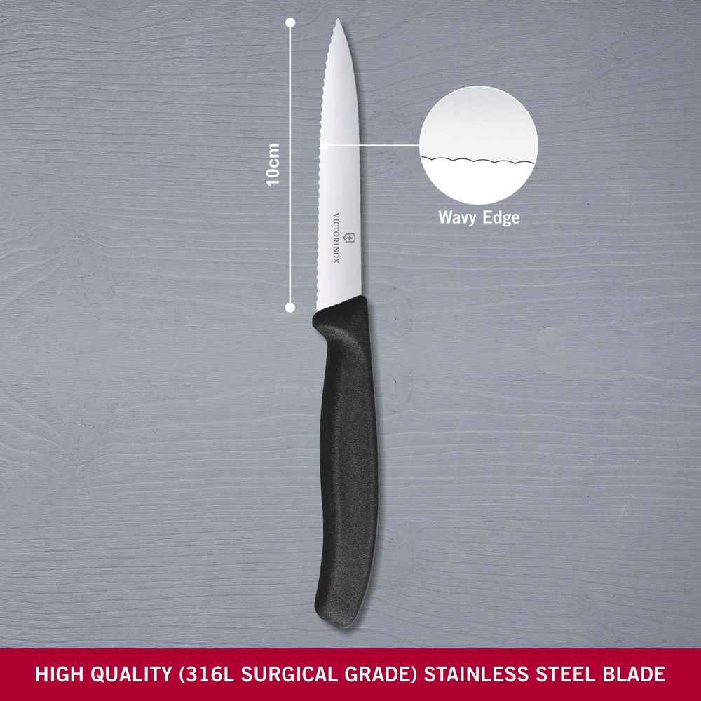 10cm'lik Victorinox bıçağı, tırtıklı kenarlı ve siyah saplı.
