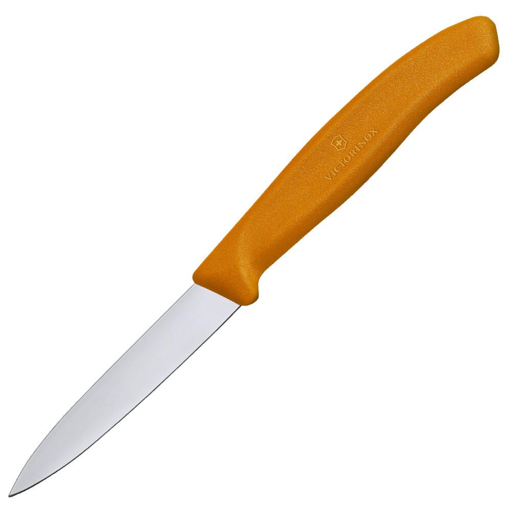 Beyaz zeminde gümüş bıçaklı turuncu Victorinox bıçağı.