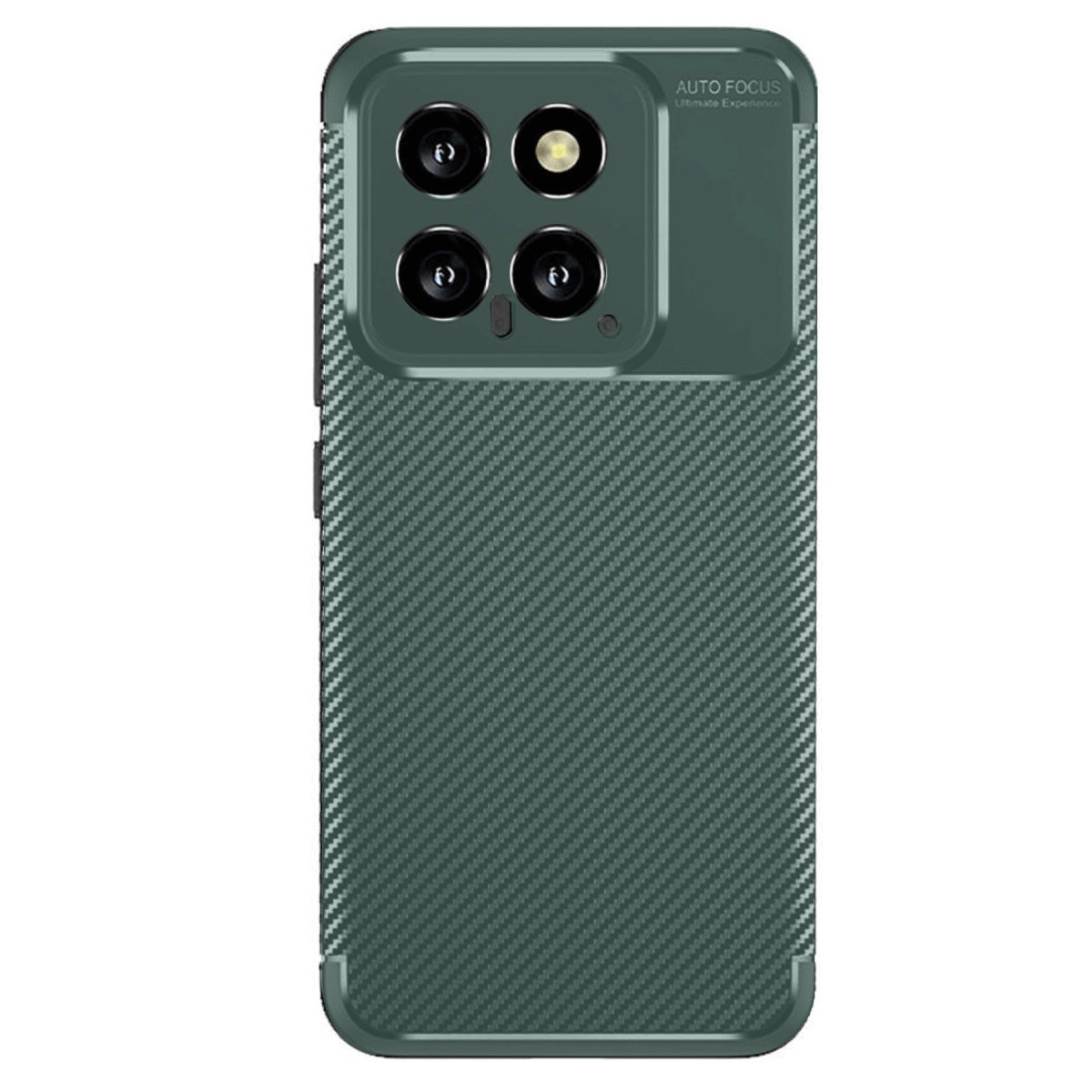 Karbon dokulu, dörtlü kamera açıklığına sahip koyu yeşil telefon kılıfı.