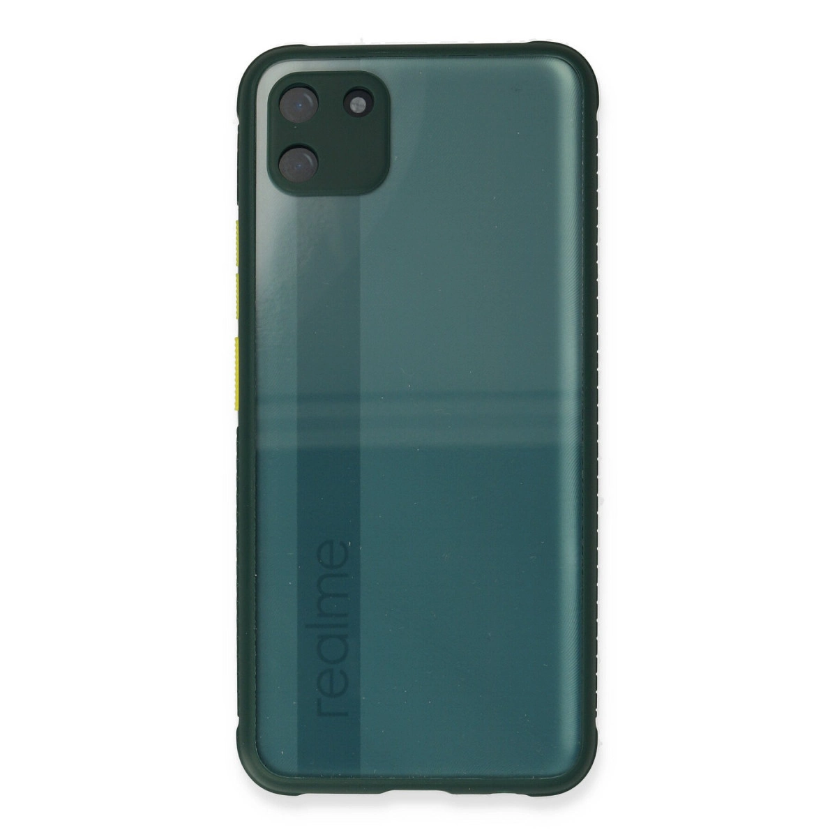 İki kameralı ve Realme logolu koyu yeşil telefon kılıfı.