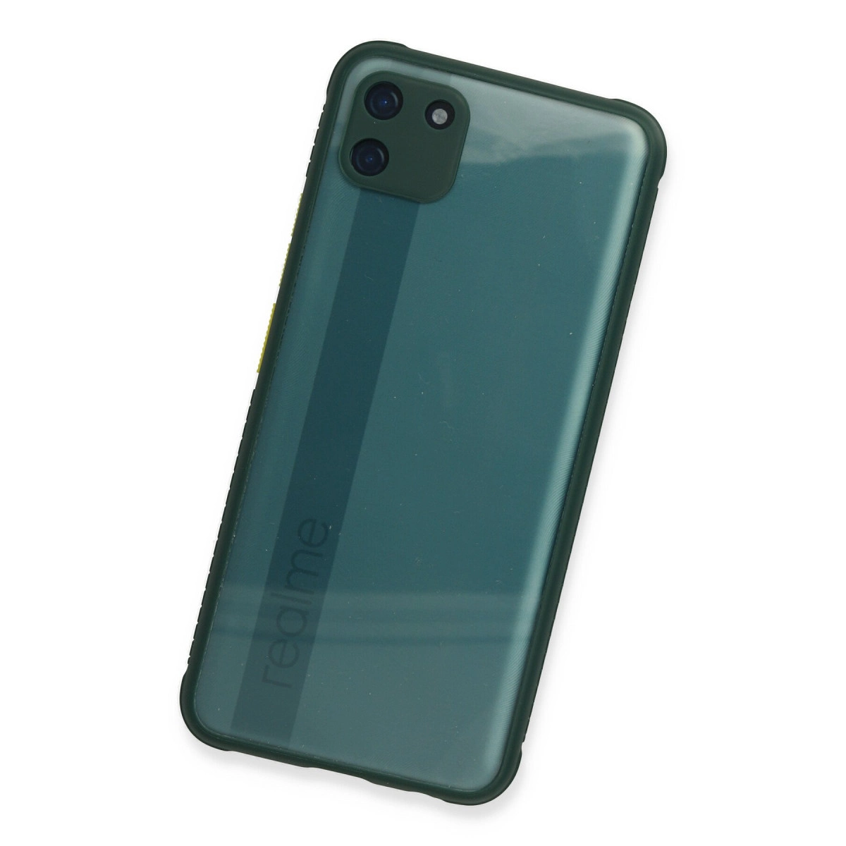 Arkada çift kamerası ve Realme logosu bulunan koyu yeşil akıllı telefon.