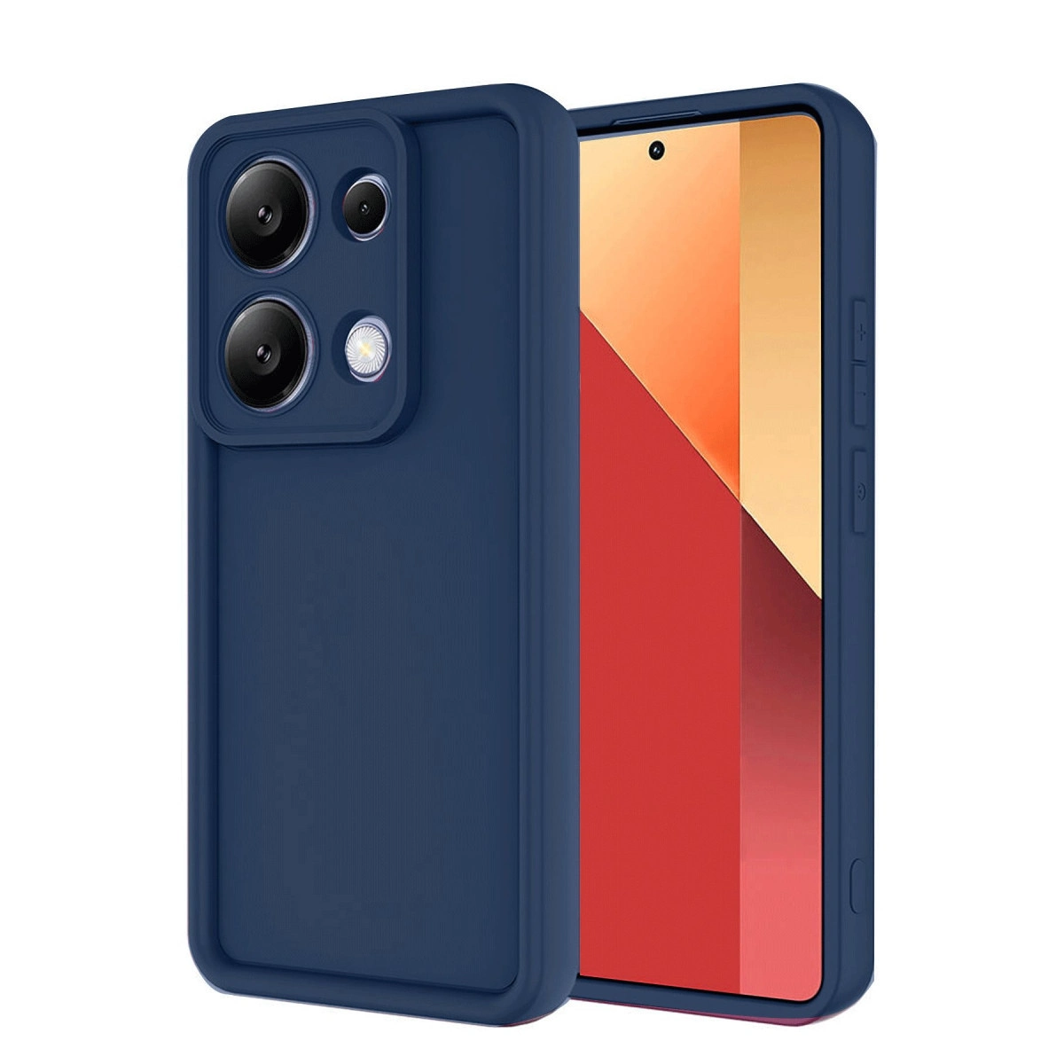 Koyu mavi telefon kılıfı üç kamera lensi ve flaş gösterir.