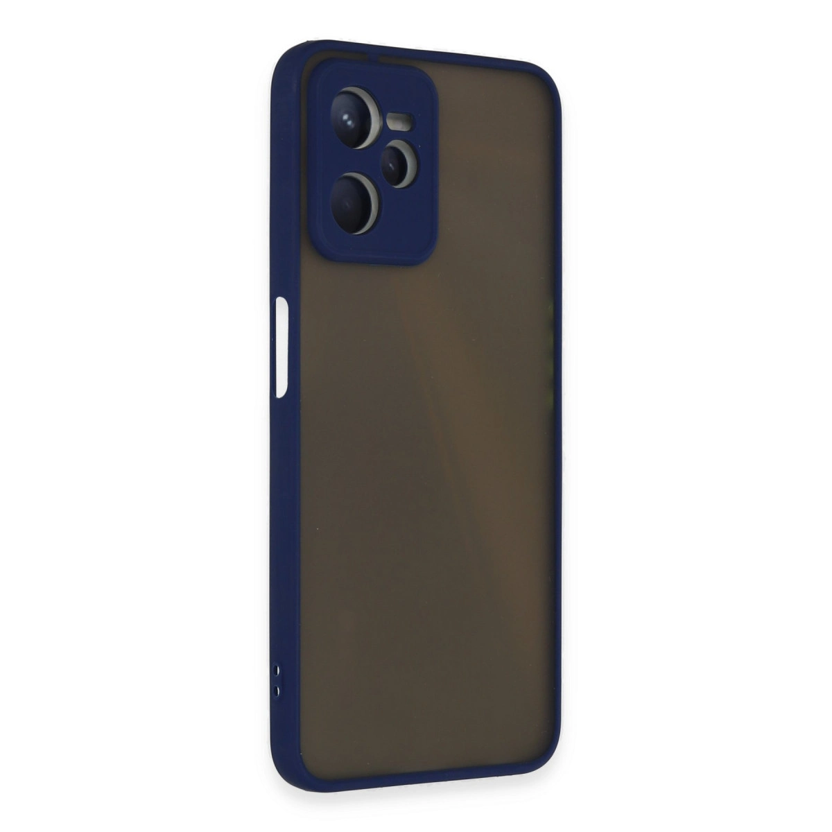 Mavi kamera çerçeveli ve düğmeli koyu gri telefon kılıfı.