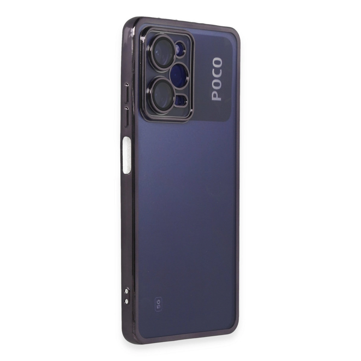 POCO logosu, üçlü kamera ve 5G simgesi olan koyu mavi telefon.