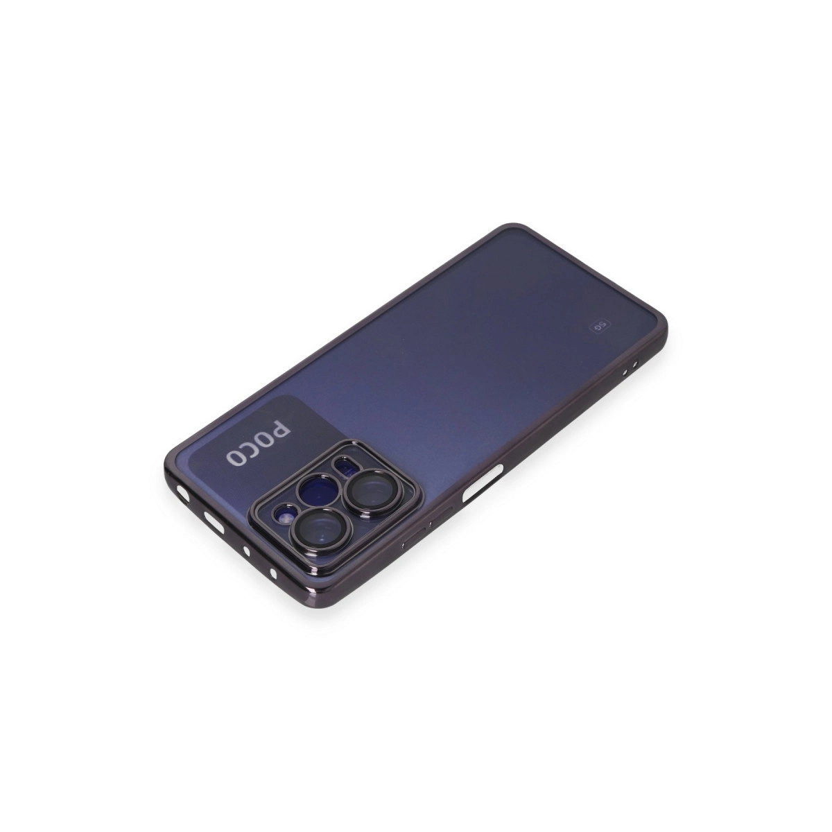 POCO logosu ve kamera modülü olan koyu mavi telefon arkası.