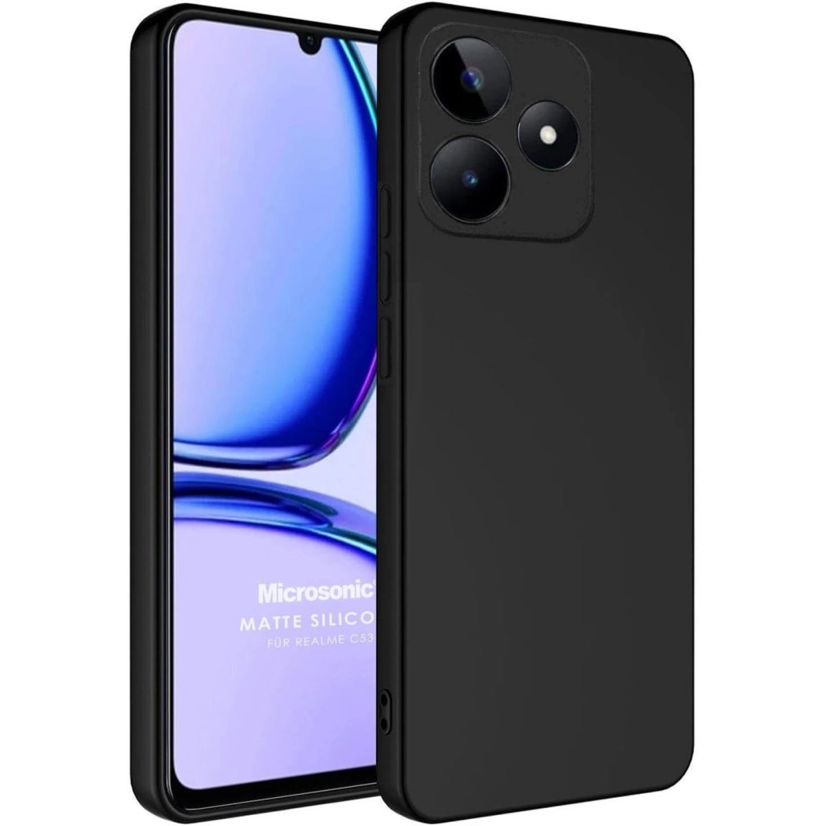 Renkli ekranlı siyah bir akıllı telefonda siyah mat silikon telefon kılıfı gösteriliyor.