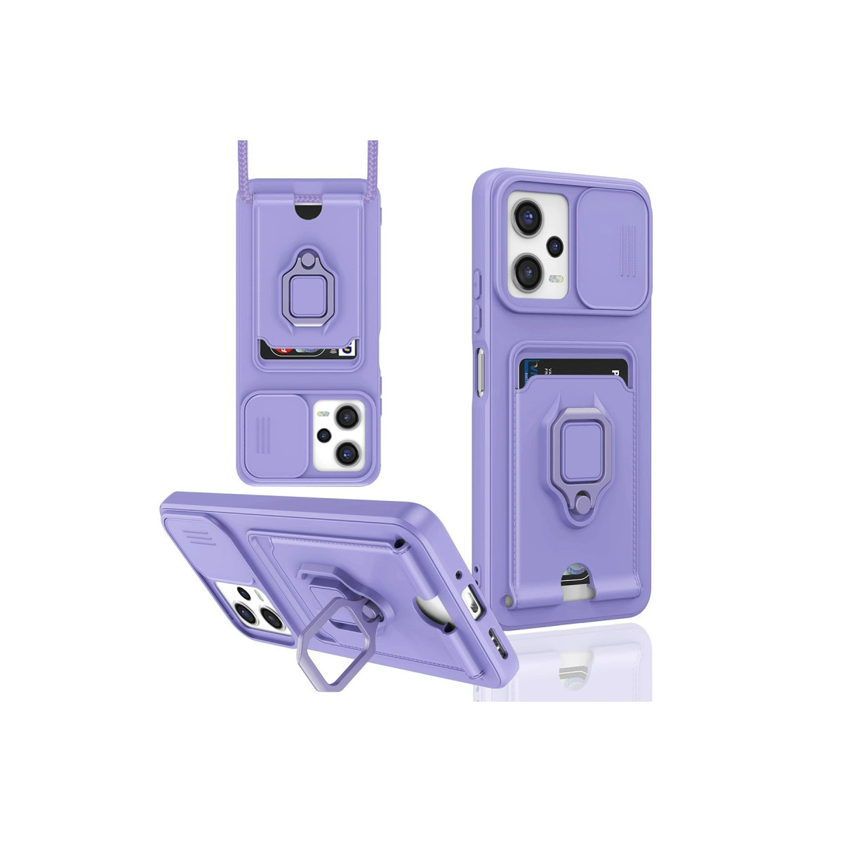Kart tutuculu, halkalı ve kamera kapaklı mor telefon kılıfı.