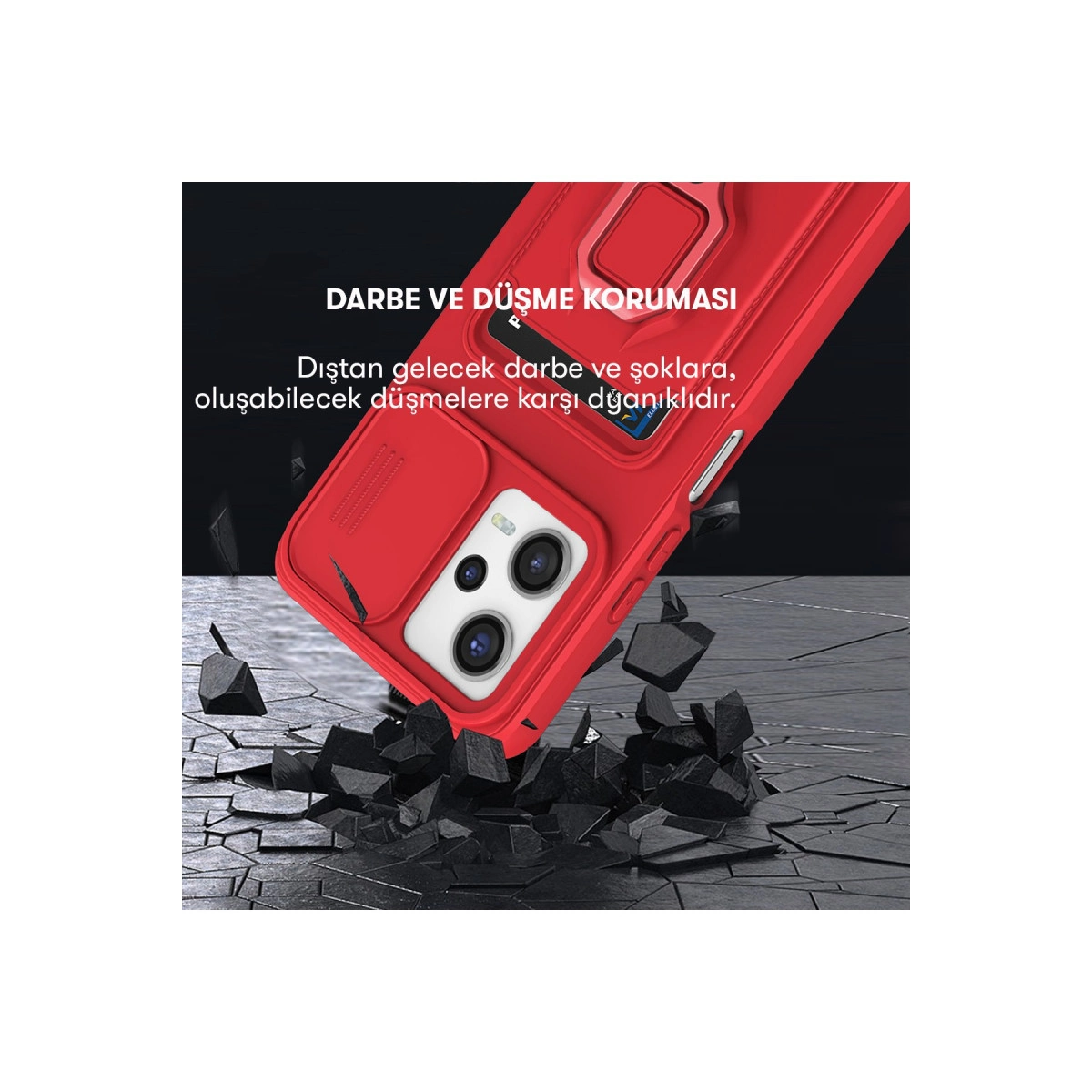Kamera lensli ve kart yuvalı kırmızı telefon kılıfı siyah taşlara düşüyor.