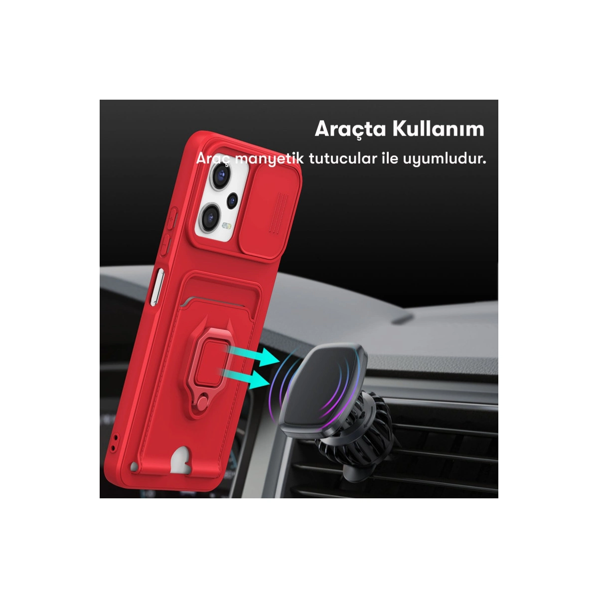 Kart tutuculu ve halkalı kırmızı telefon kılıfı araç havalandırma ızgarası üzerinde.