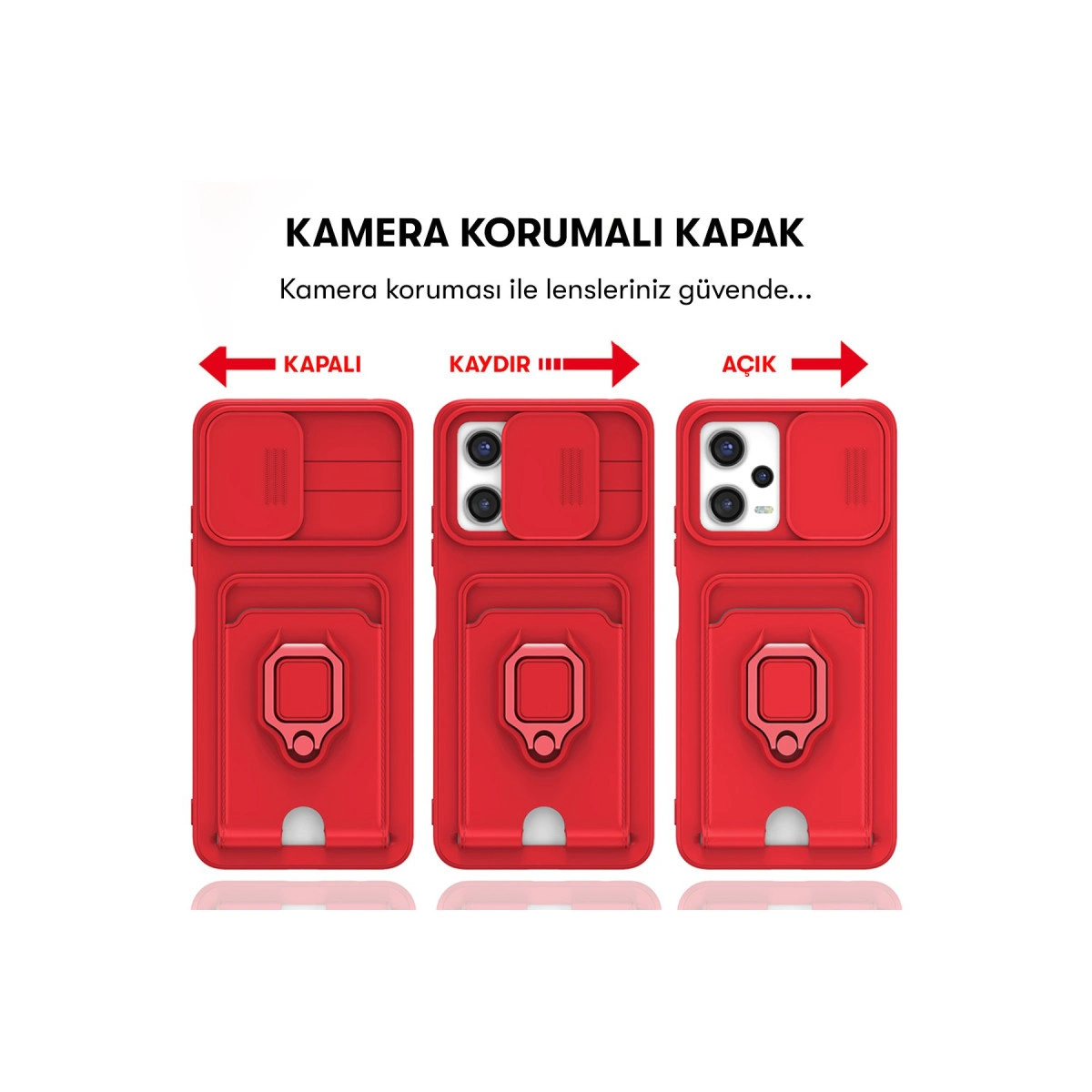 Kamera kapaklı, kartlıklı ve yüzüklü kırmızı telefon kılıfı.