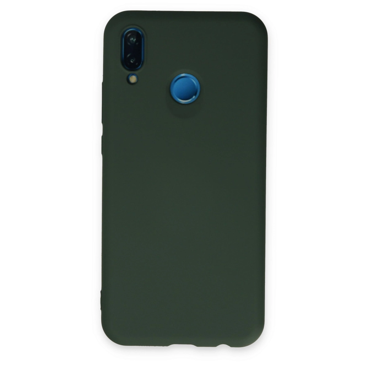 Kamera oyuntulu ve mavi parmak izi sensörlü koyu yeşil telefon kılıfı.