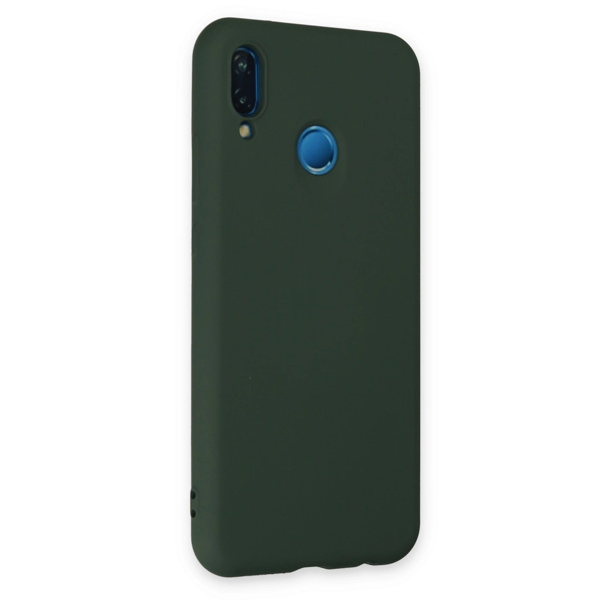 Kamera oyuntulu ve mavi parmak izi sensörlü koyu yeşil telefon kılıfı.