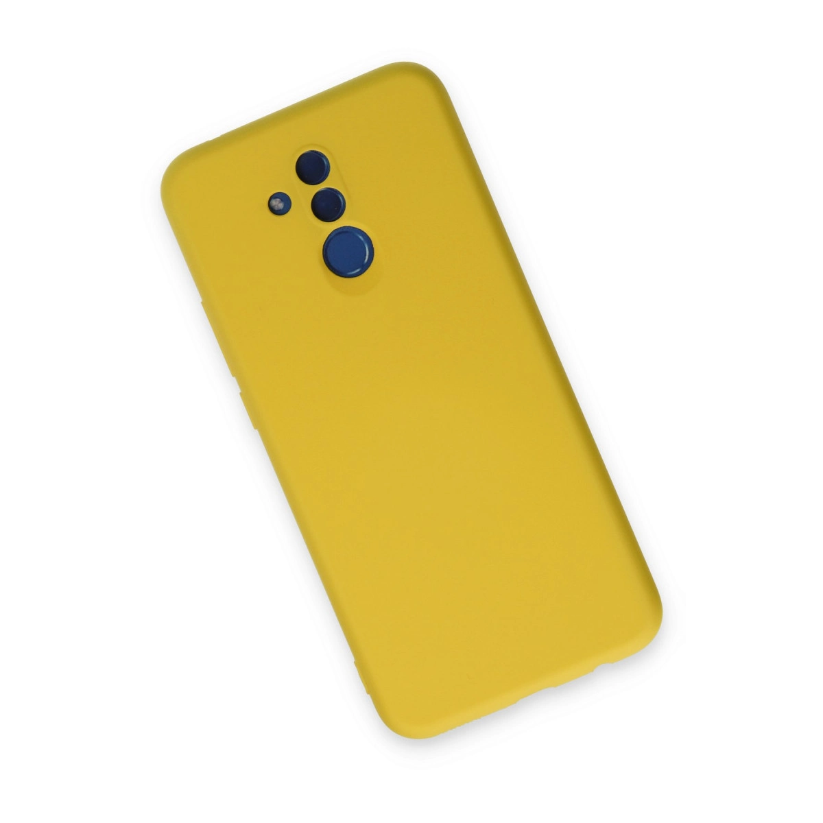 Beyaz arka plan üzerinde kamera modüllü sarı telefon kılıfı.