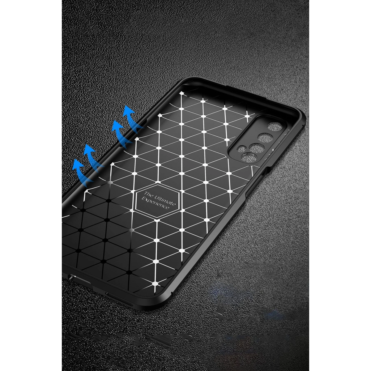 Bal peteği ızgara desenli, hava akışını gösteren mavi oklarla siyah telefon kılıfı.