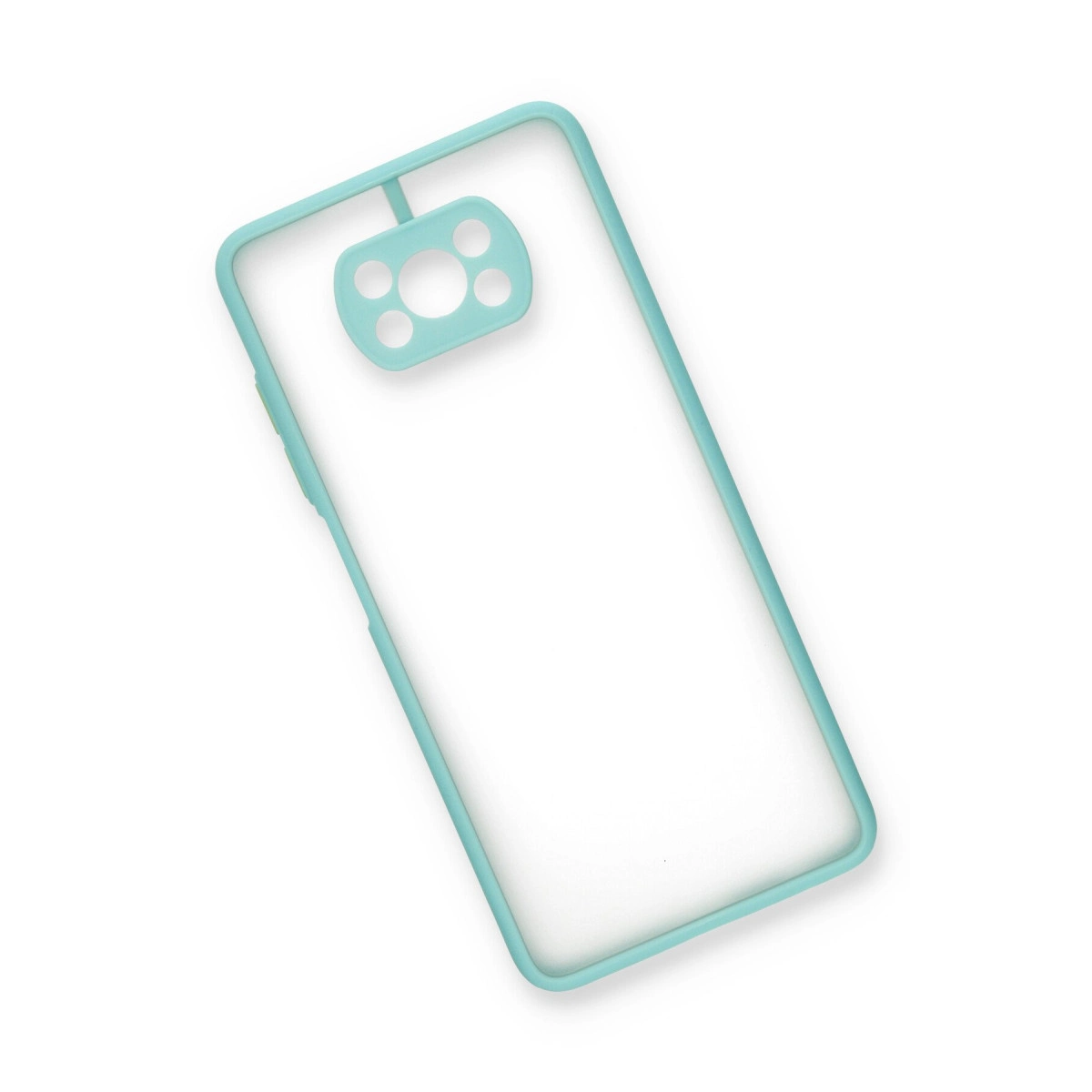 Açık mavi telefon kılıfı, kare kamera kesimiyle, beyaz zeminde.