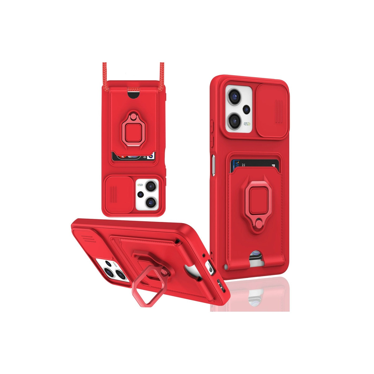 Kart tutuculu, halkalı stantlı ve kamera kapaklı kırmızı telefon kılıfı.