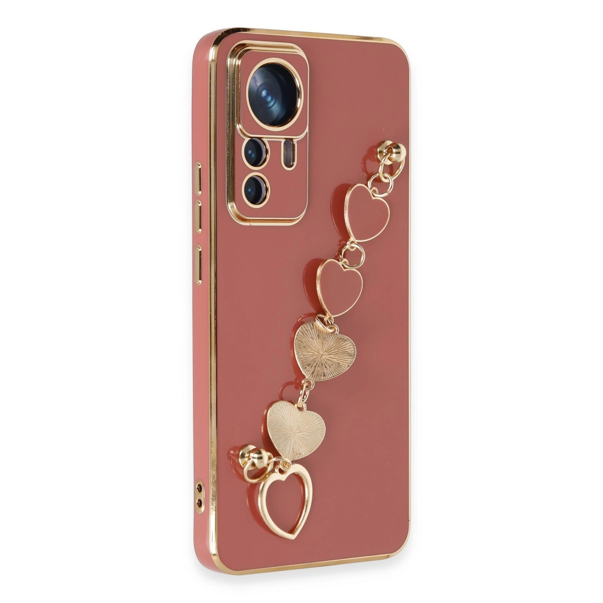 Altın kenarlı, kalp figürlü, pembe renkli telefon kılıfı.
