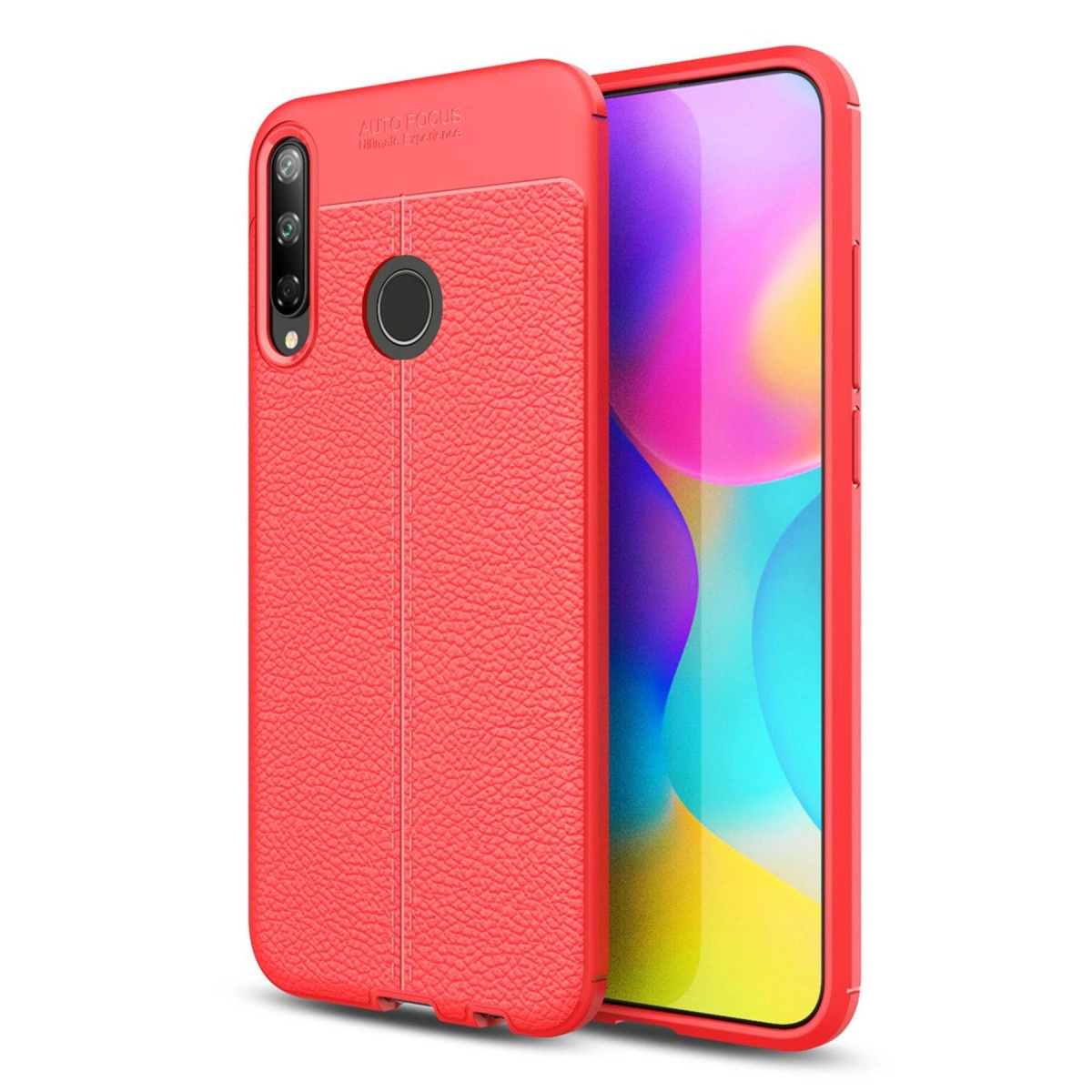 Kamera ve parmak izi sensörlü, kırmızı deri dokulu telefon kılıfı.