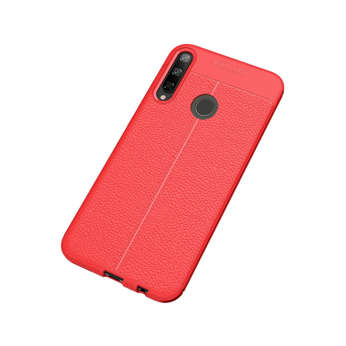 Kırmızı deri dokulu telefon kılıfı, kamera ve parmak izi sensörlü.
