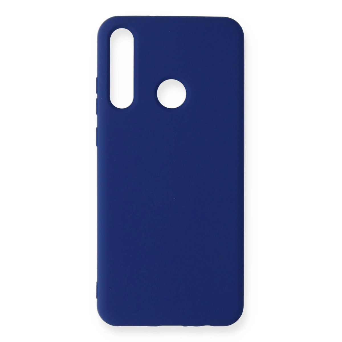 Koyu mavi telefon kılıfı, kamera ve flaş için kesiklere sahip.