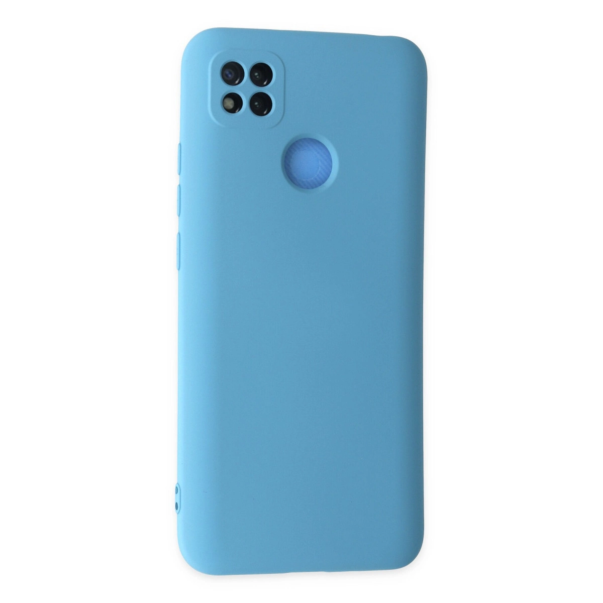 Dört kamera lensli ve parmak izi sensörlü açık mavi telefon kılıfı.