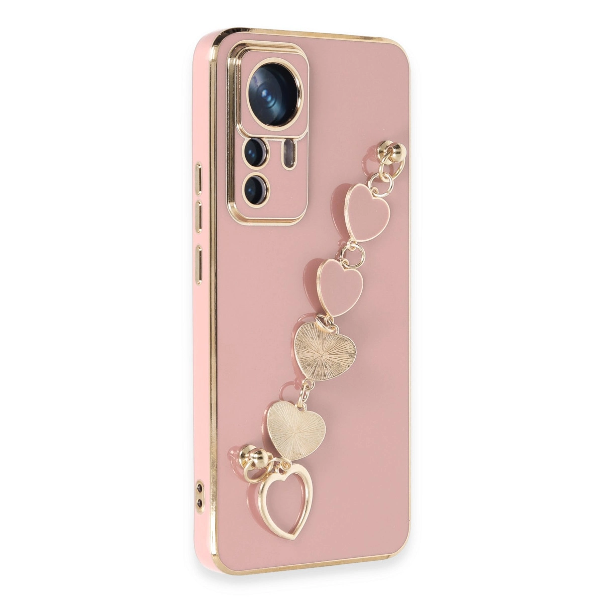 Altın kalp charm bileklikli pembe telefon kılıfı.