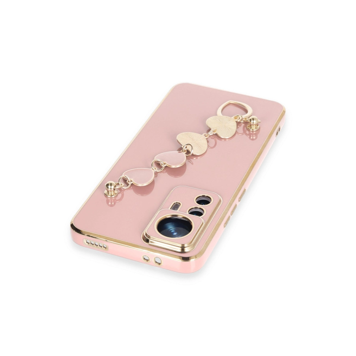 Altın kalp şeklinde charm zinciri ve halkası olan pembe bir telefon.