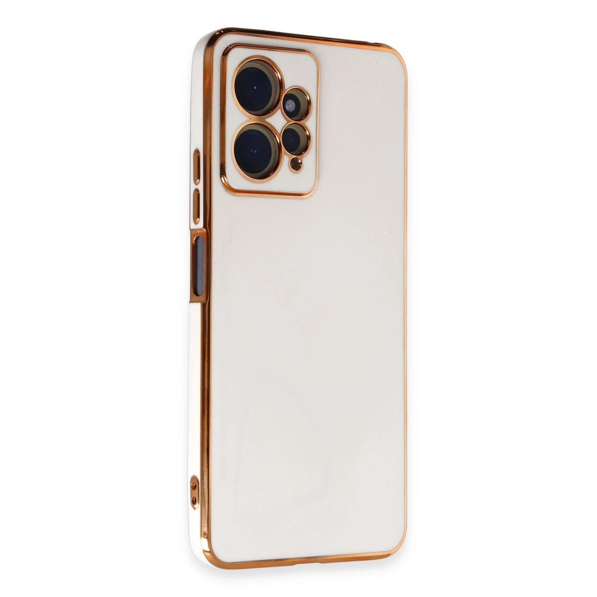 Altın kenarlıklı ve kamera kesimli beyaz telefon kılıfı.
