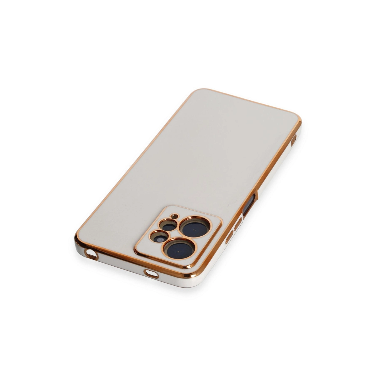 Altın kenarlı ve kamera modüllü açık gri telefon kılıfı.