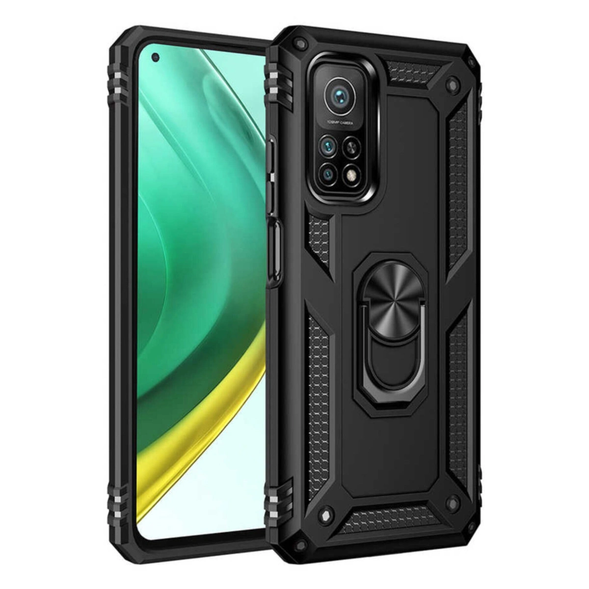 Halka tutuculu siyah koruyucu kılıflı telefon, beyaz arka plan üzerinde.