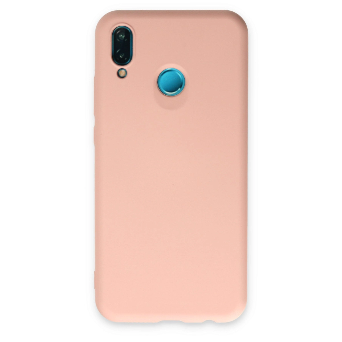 Kamera ve mavi düğmeli şeftali rengi telefon kılıfı.