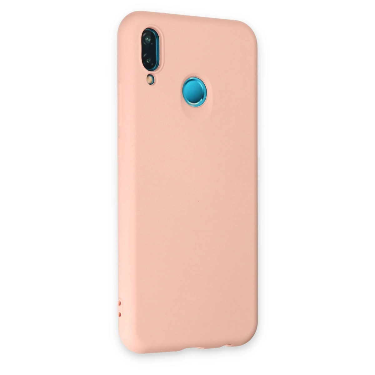 Kamera oyuntulu ve yuvarlak parmak izi sensörlü şeftali rengi telefon kılıfı.