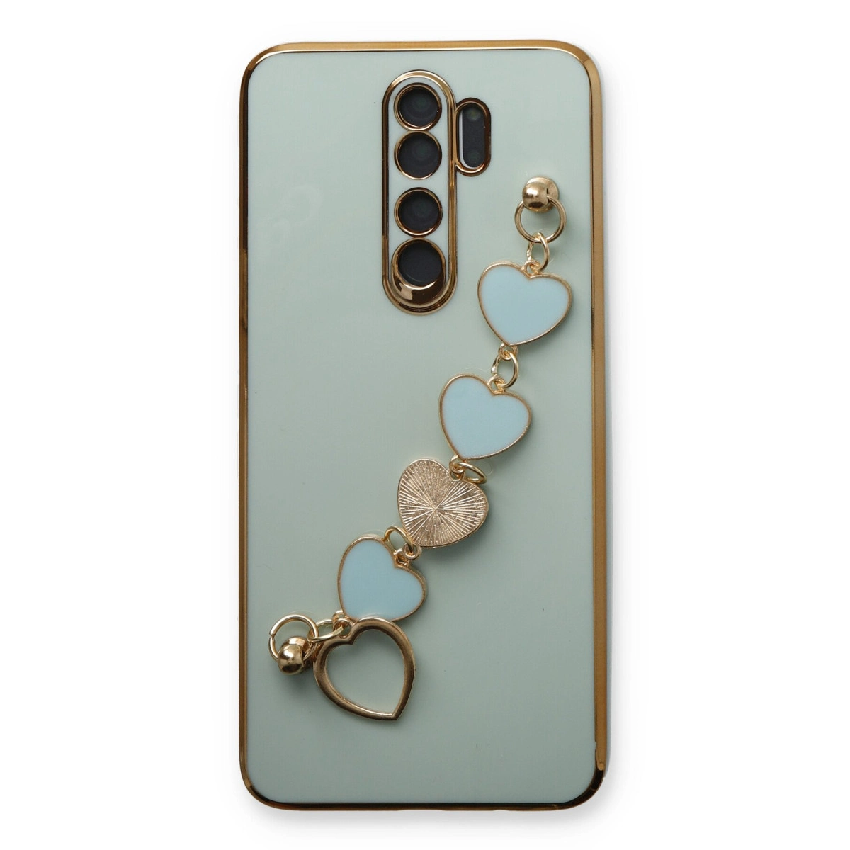 Altın kenarlı açık yeşil telefon kılıfı ve kalp charm zinciri.