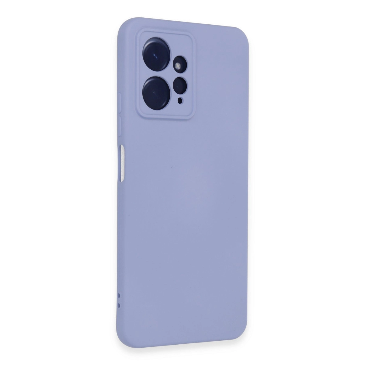 Arkada kamera kesiği olan lavanta mavisi telefon kılıfı.