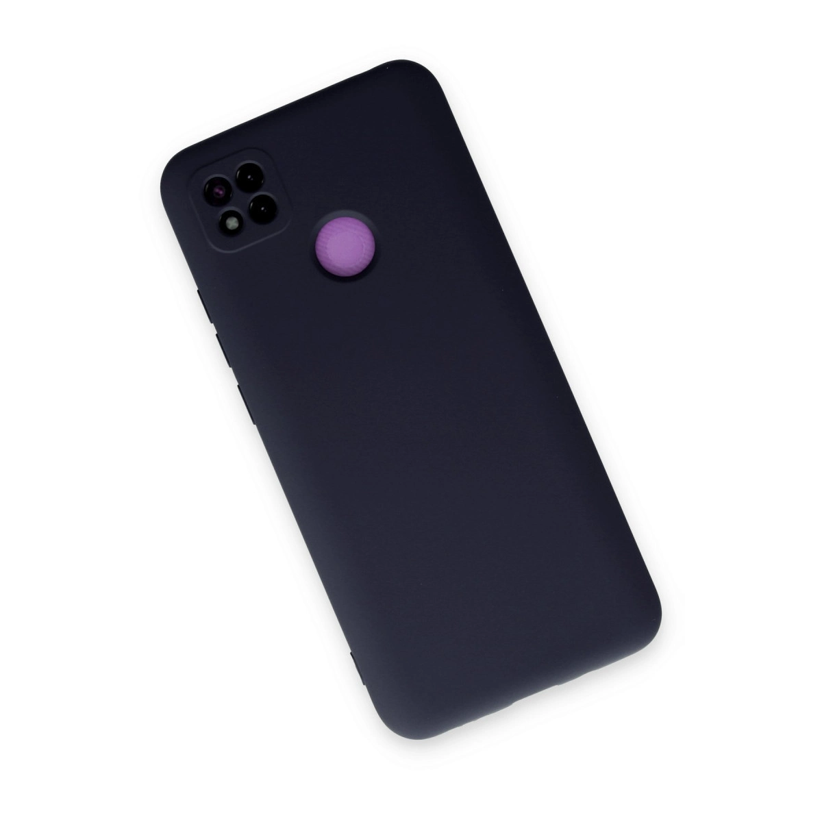 Dört kameralı, yuvarlak mor düğmeli lacivert telefon kılıfı.