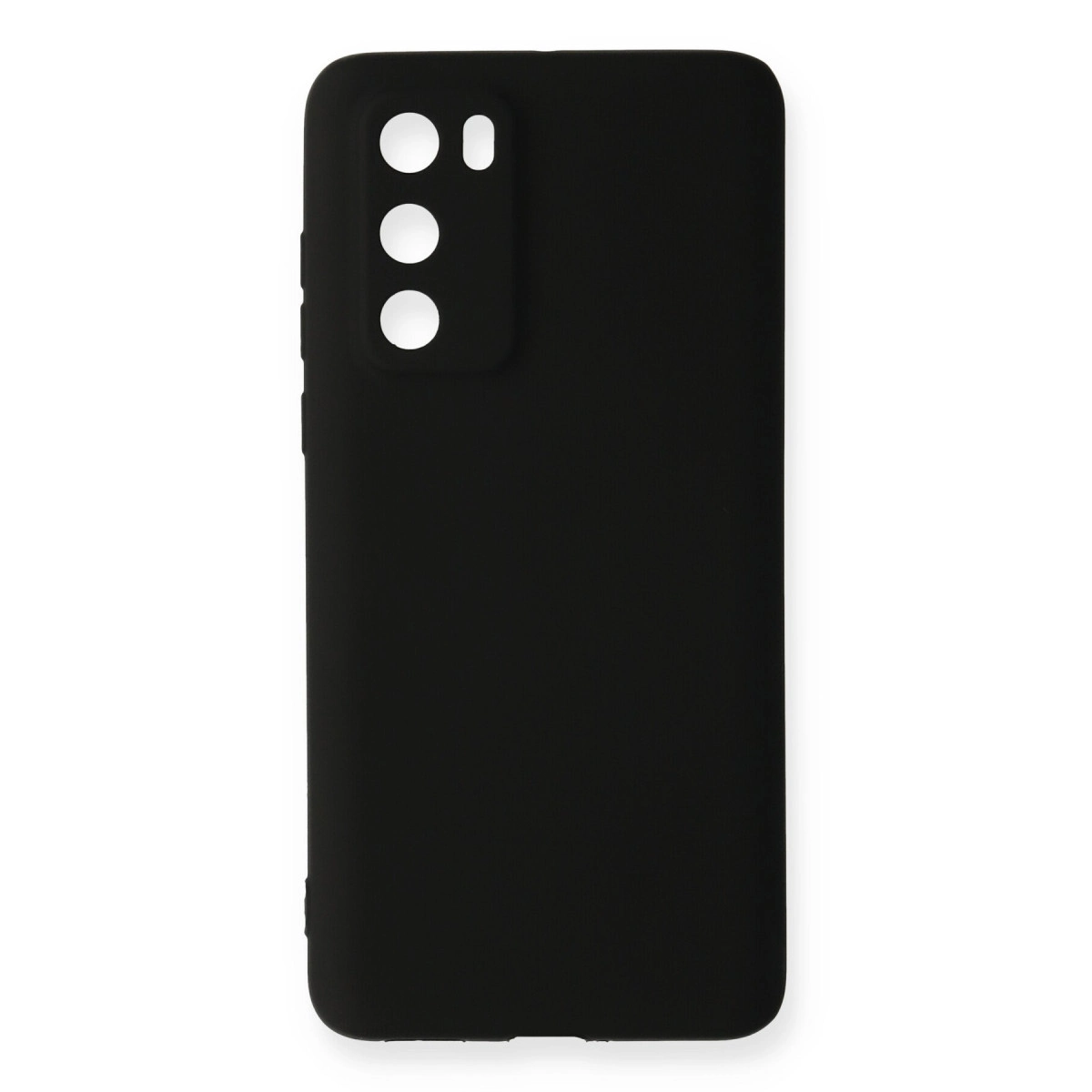 Üçlü kamera kesimli siyah telefon kılıfı, beyaz arka plan üzerinde.