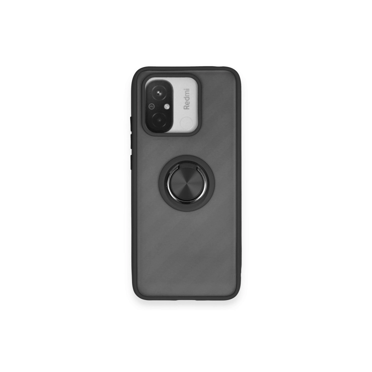 Siyah halka tutuculu ve kamera adacıklı gri telefon kılıfı.
